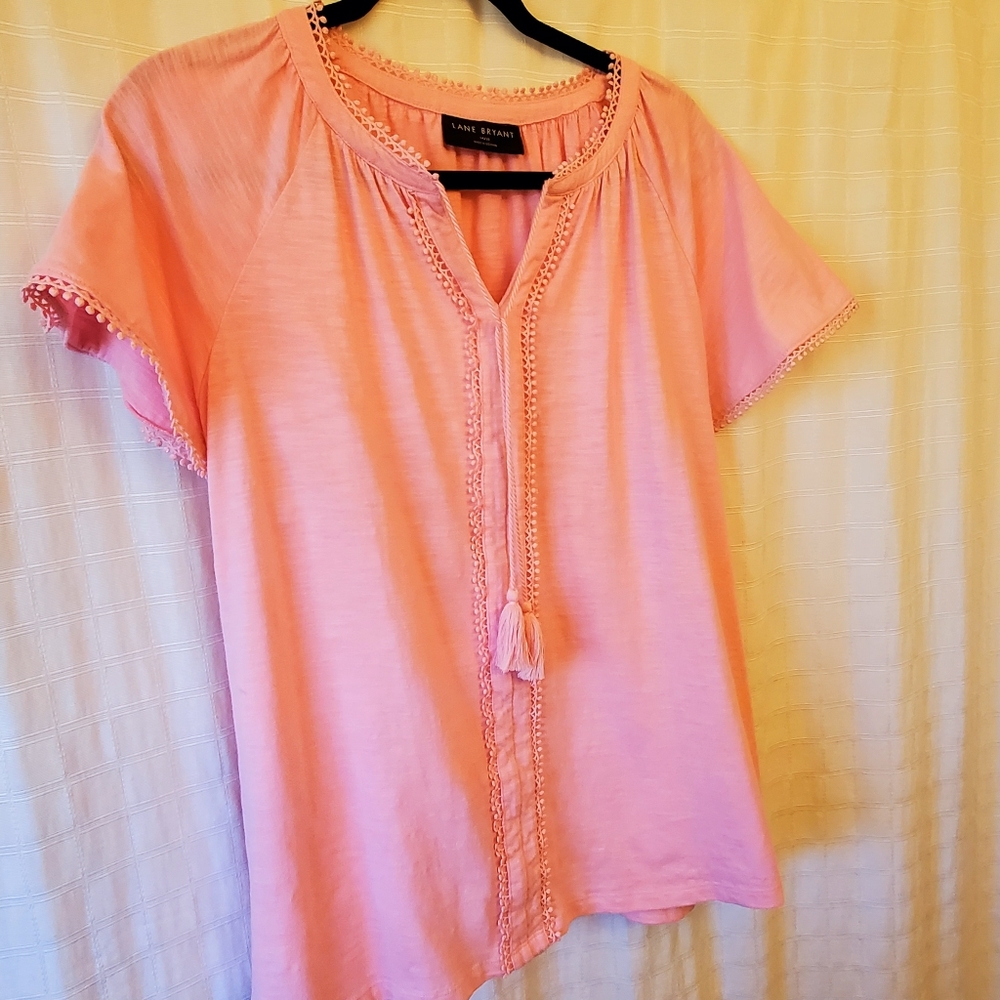 LANE BRYANT Light Pink Short Sleeve Blouse, 14-16, 60% Cotton